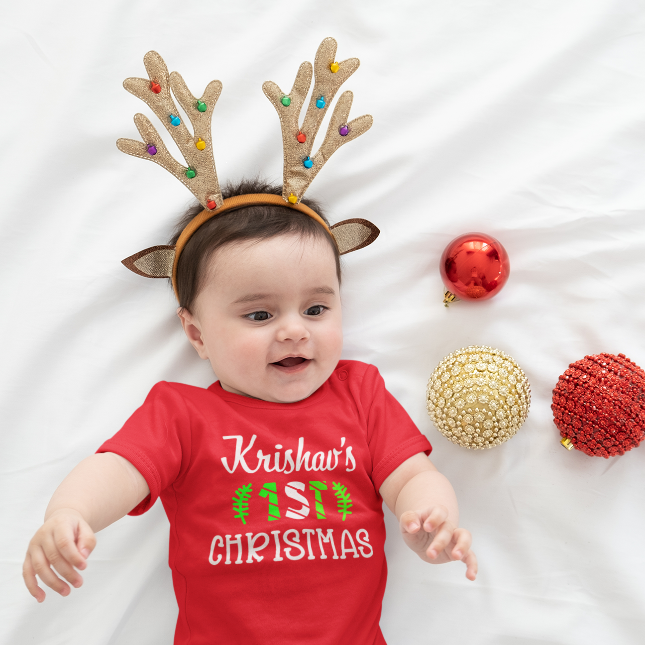 First Christmas Personalised Red Onesie / Full Romper (Leaves & Stripes)