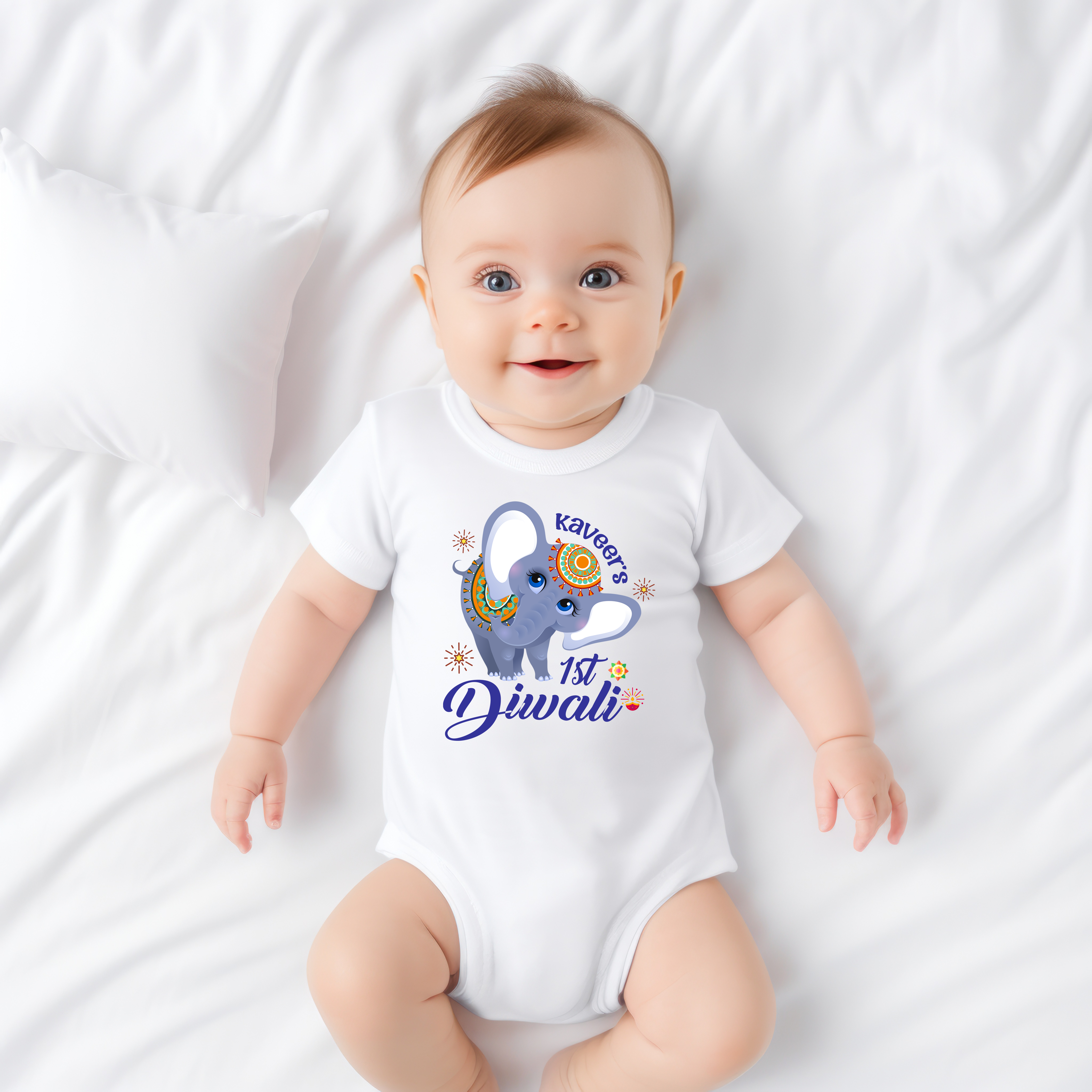 First Diwali With Name White Onesie /Full Romper/ Tshirt (Elephant Blue)