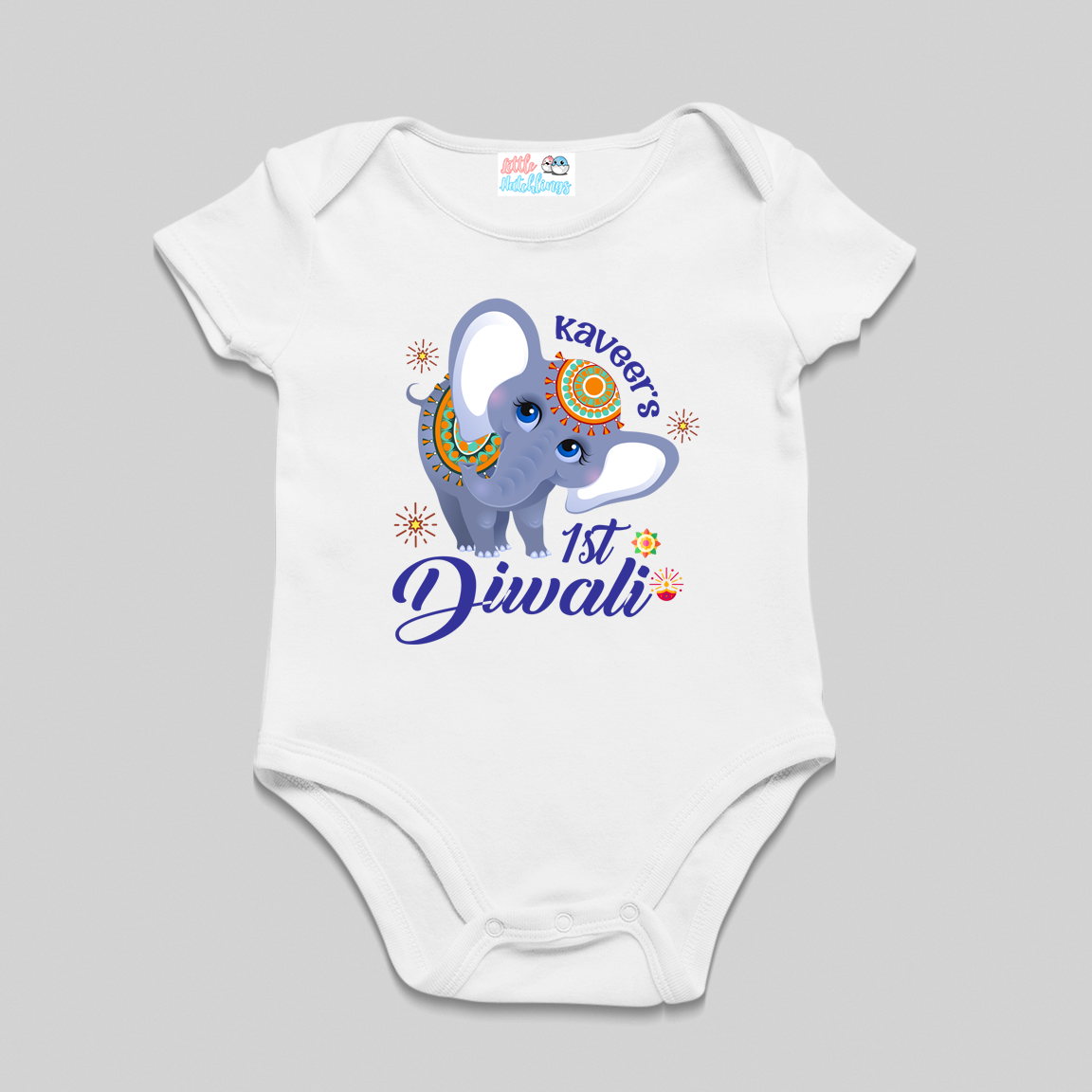 First Diwali With Name White Onesie /Full Romper/ Tshirt (Elephant Blue)