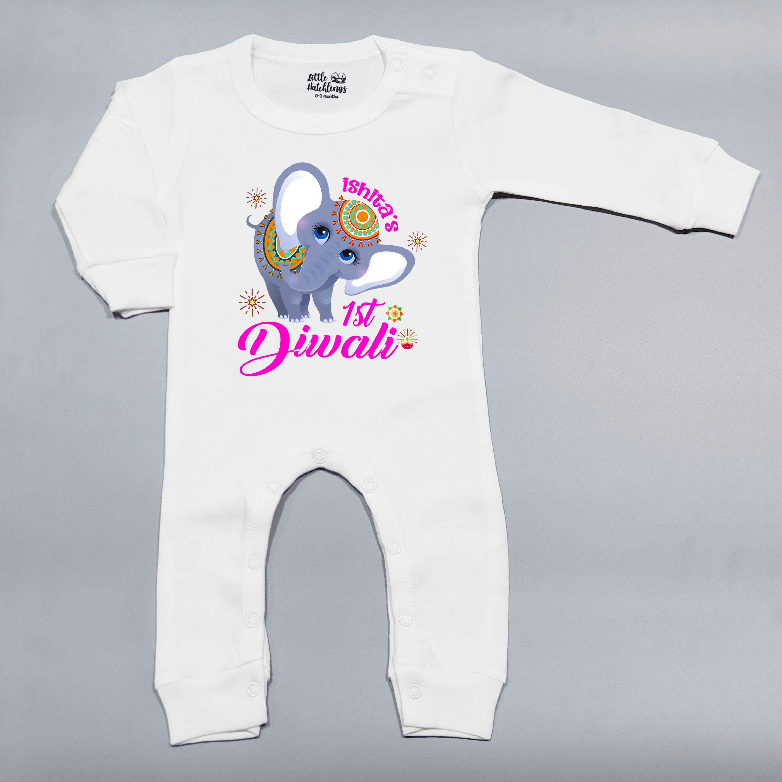 First Diwali With Name White Onesie /Full Romper/ Tshirt (Elephant Pink)