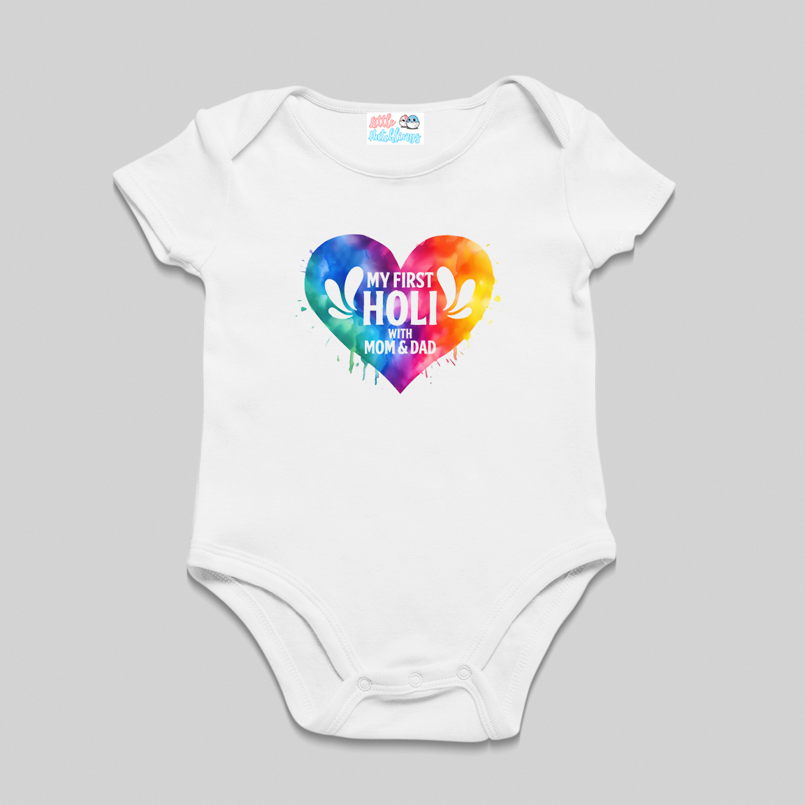 First Holi Colour Burst Heart with Mom and Dad White Tshirt / Onesie / Romper