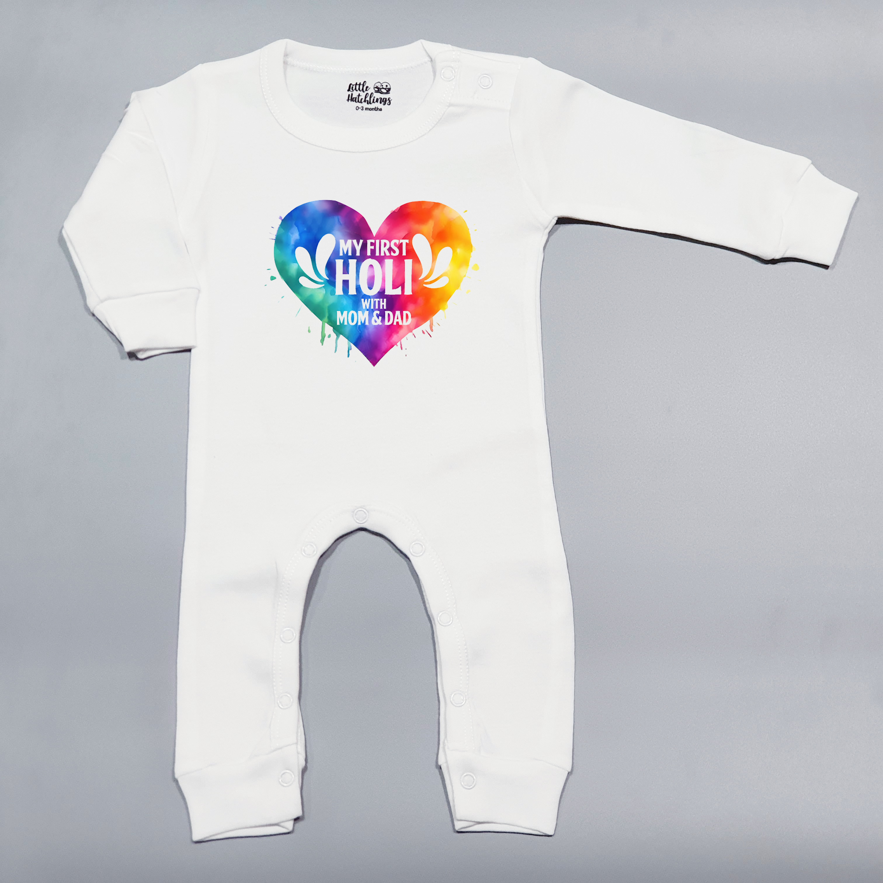 First Holi Colour Burst Heart with Mom and Dad White Tshirt / Onesie / Romper