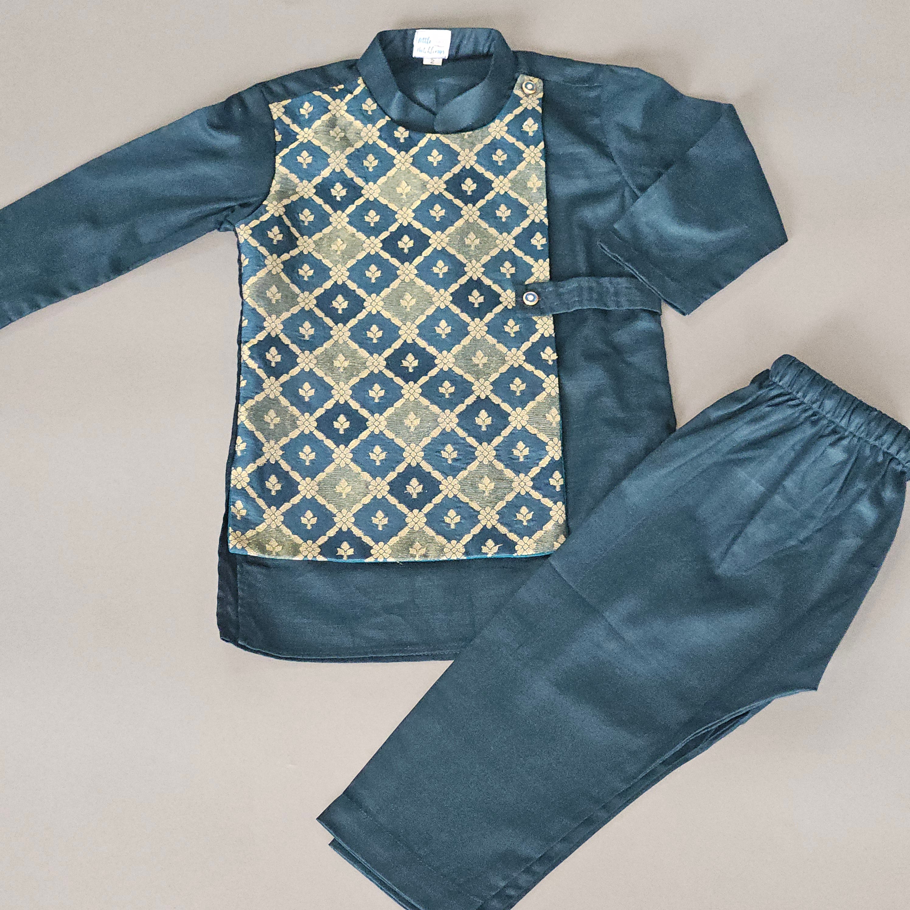 Cotton Linen Kurta Set With Attached Brocade Jacket (3-10 Years)