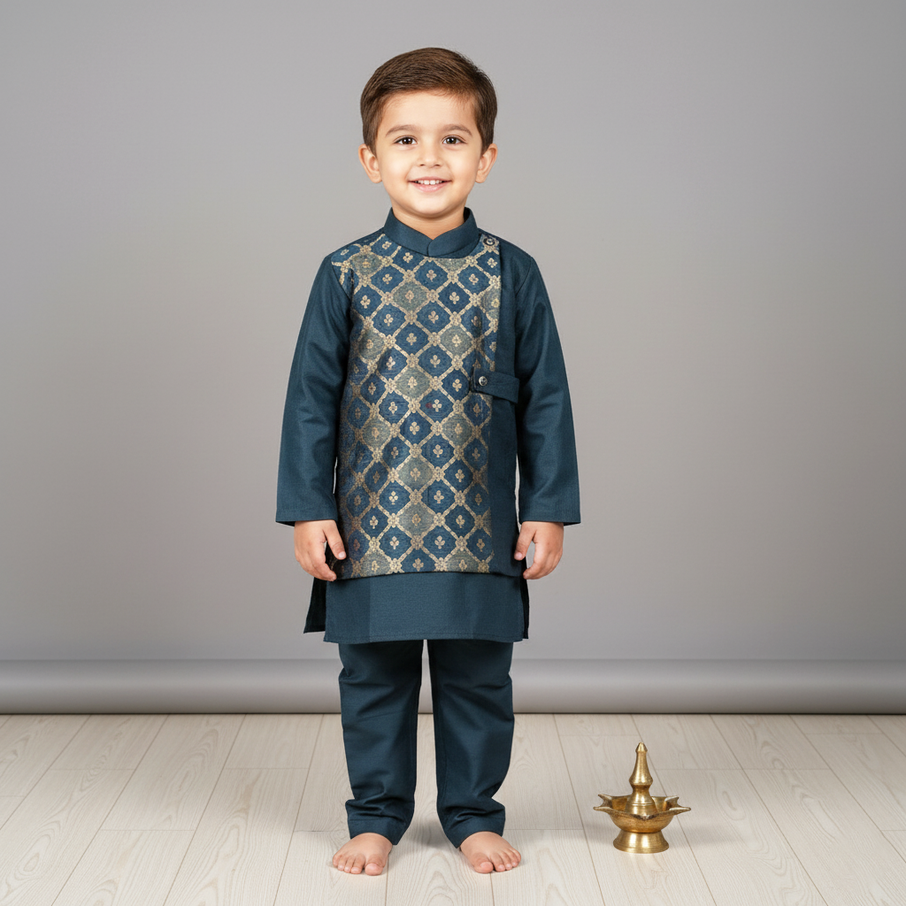 Cotton Linen Kurta Set With Attached Brocade Jacket (3-10 Years)
