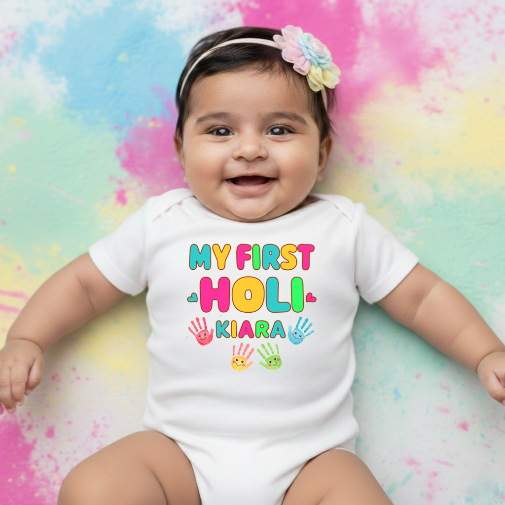My First Holi white (Colorful + Hands) Onesie/ Full Romper / Tshirt