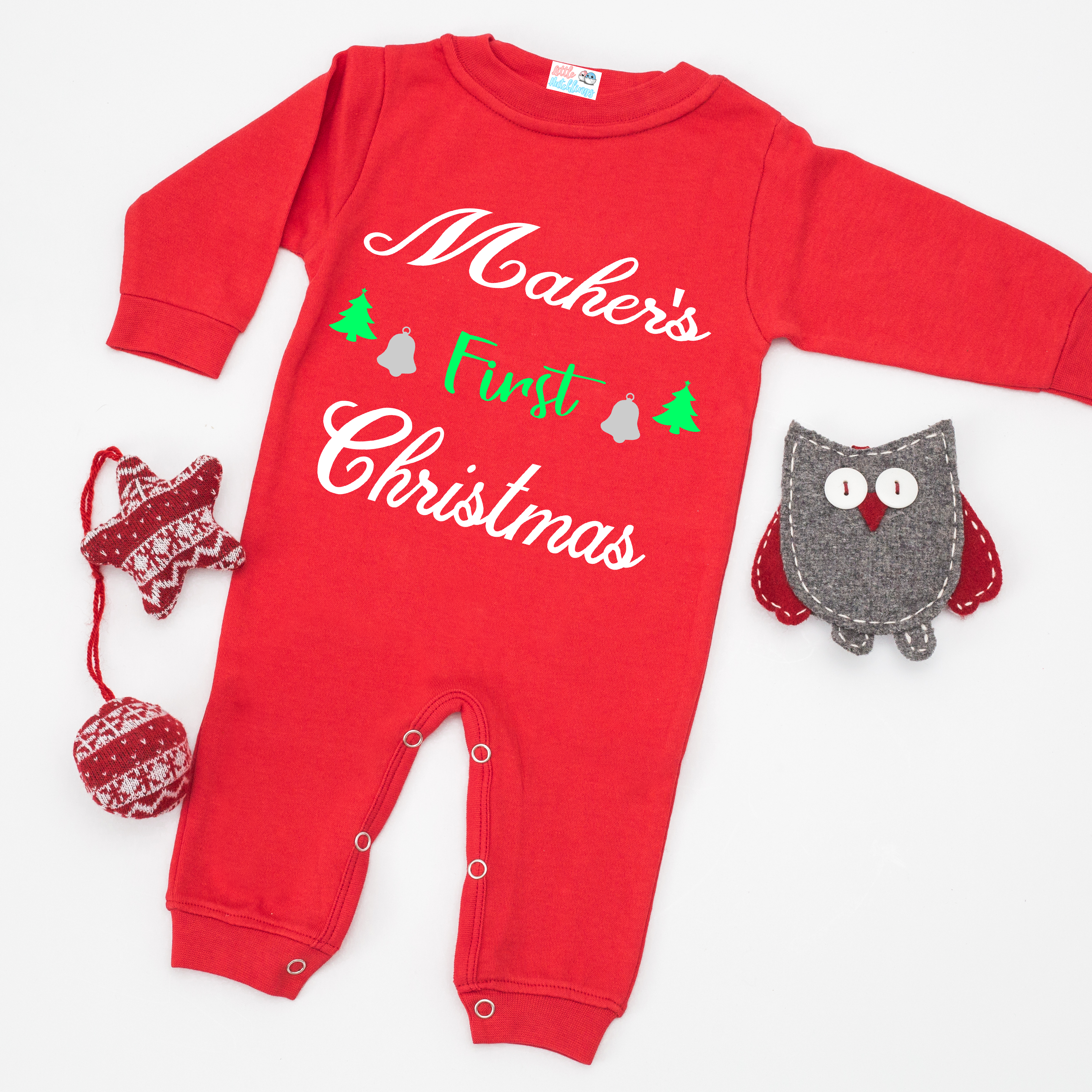 My First Christmas Red Onesie / Full Romper (Bells & Tree)