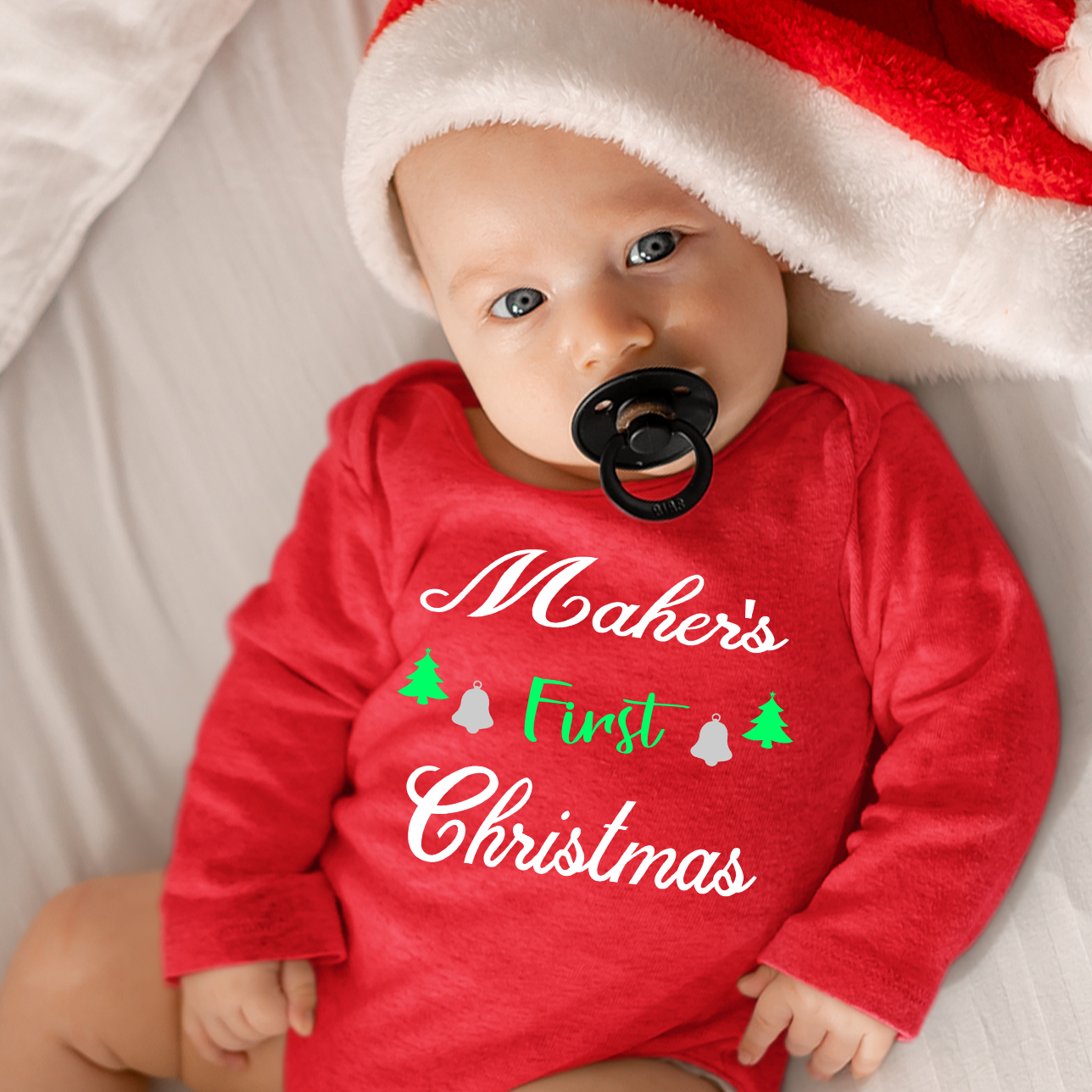 My First Christmas Red Onesie / Full Romper (Bells & Tree)