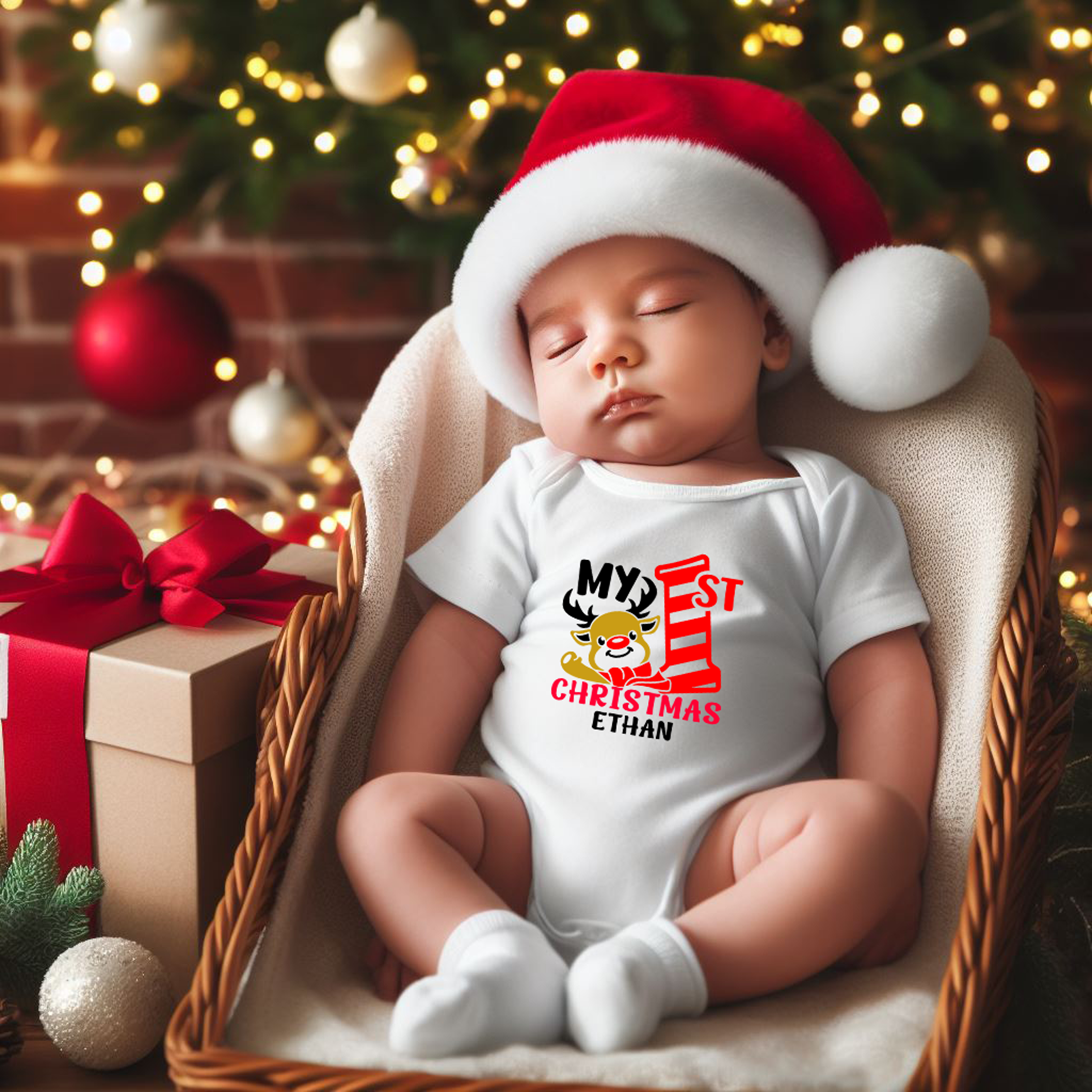 My First Christmas White Onesie / Full Romper / Tshirt (Reindeer Shawl)