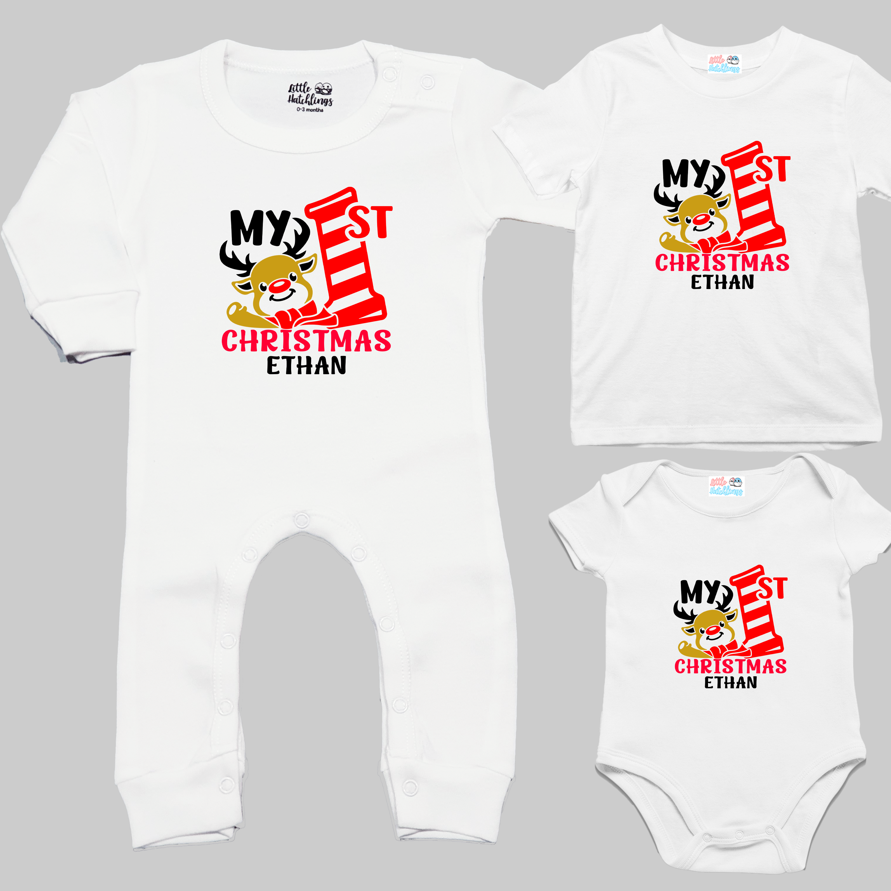 My First Christmas White Onesie / Full Romper / Tshirt (Reindeer Shawl)