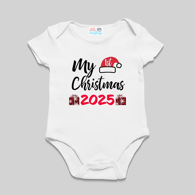 My 1st Christmas 2025 With Plaid Gift White Onesie / Full Romper / Tshirt