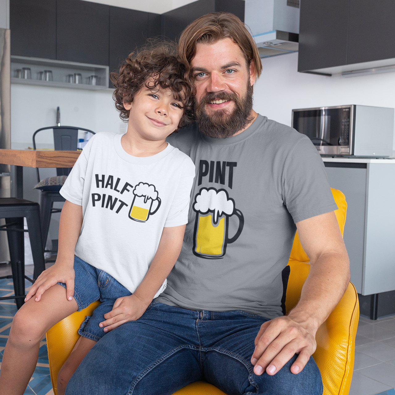 Pint + Half Pint White And Grey Tshirt Combo (Mugs Full & Half) - Onesie + Adult T-shirt