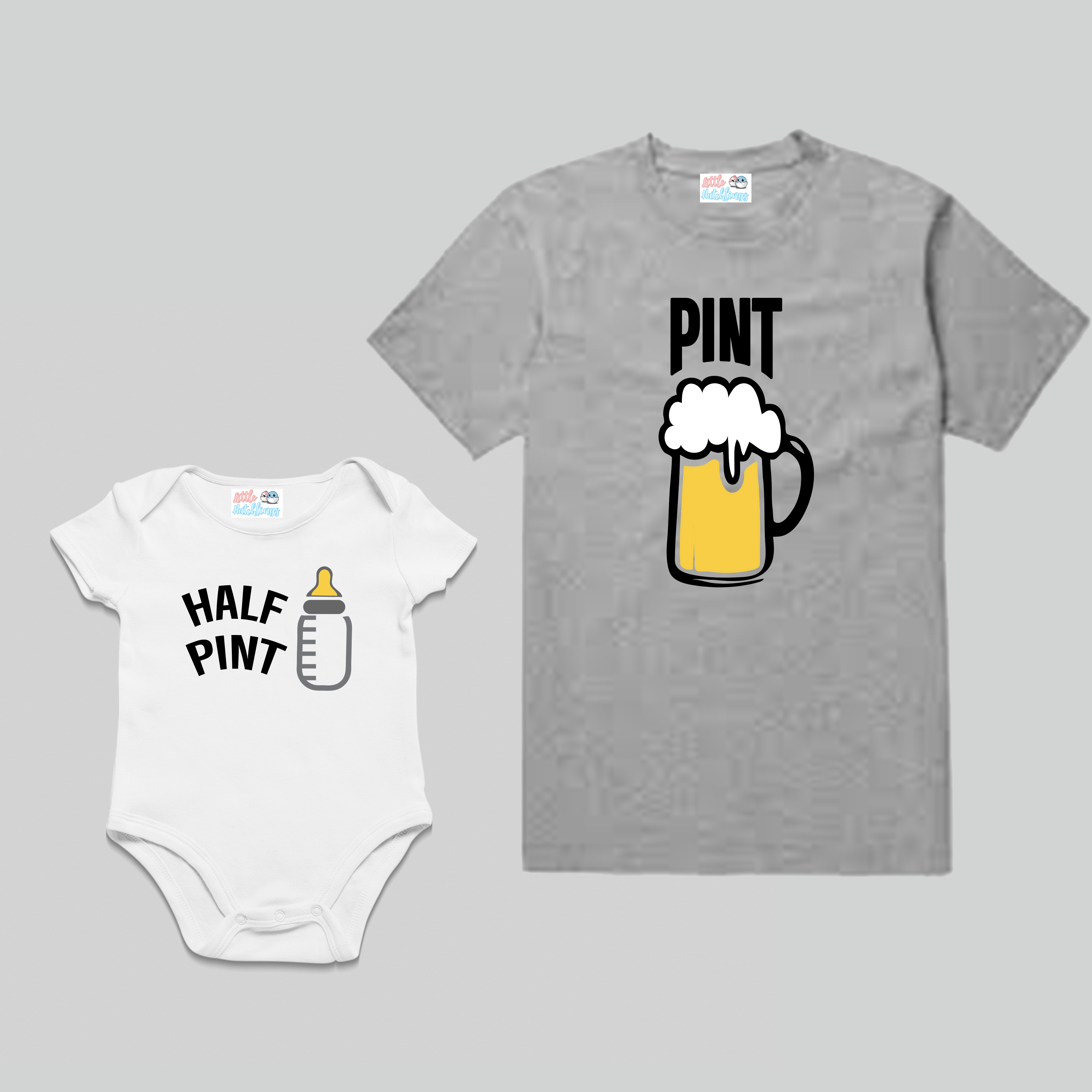 Pint + Half Pint White and Grey Combo (Milk Bottle & Beer Mug) - Adult Tshirt + Full Romper