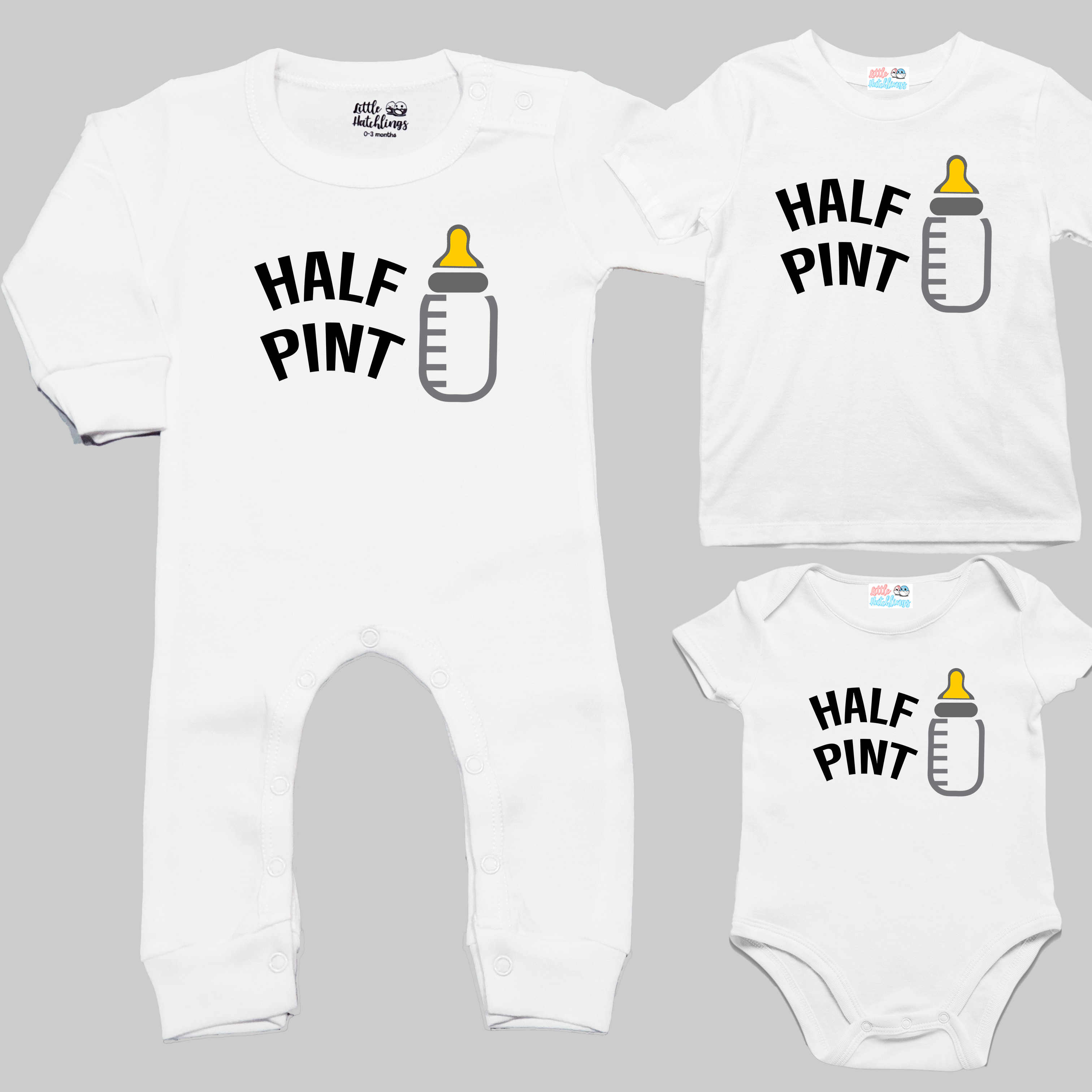 Pint + Half Pint White And Grey Combo (Milk Bottle & Beer Mug) - Adult Tshirt + Kids Tshirt