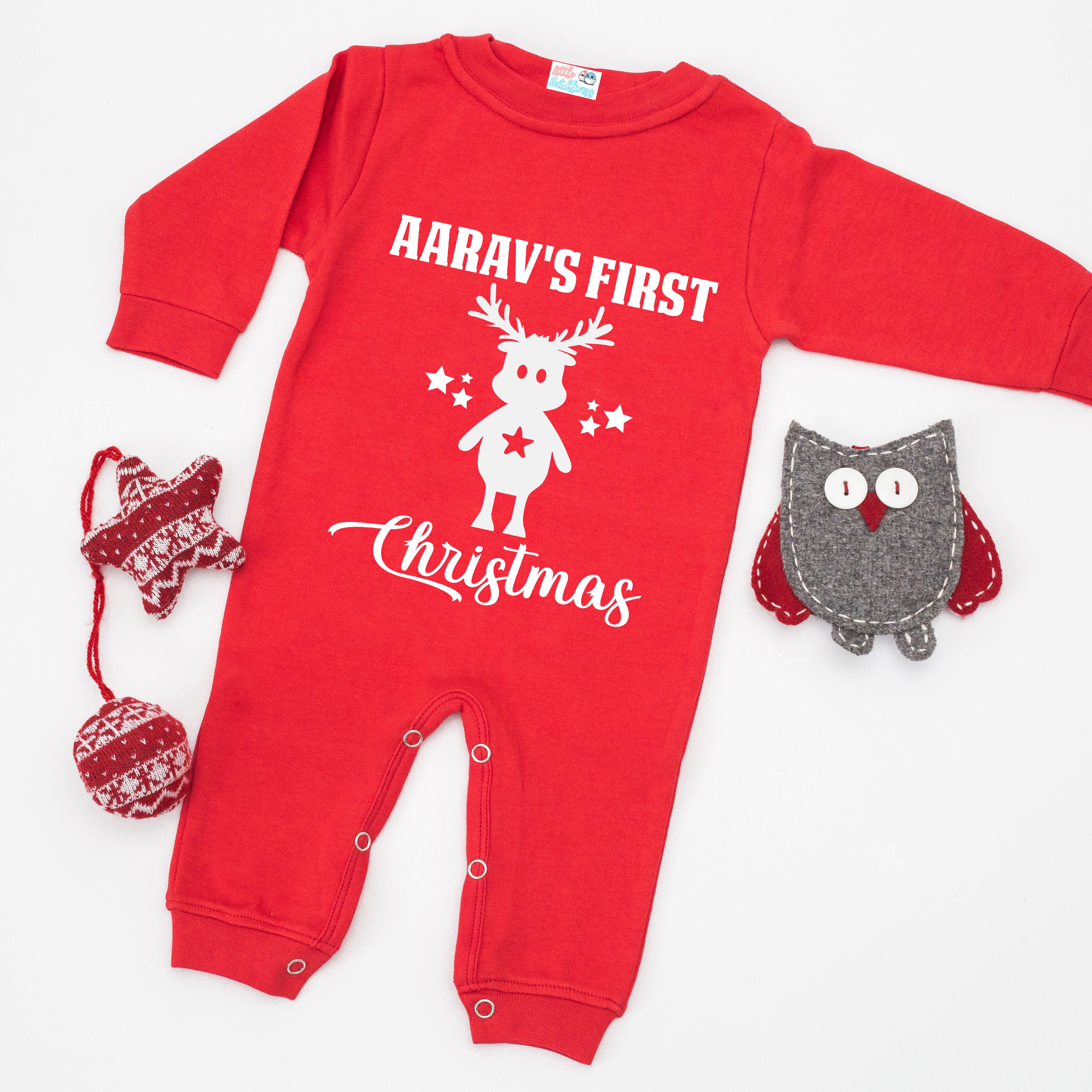 Customised First Christmas Reindeer Red Onesie / Full Romper