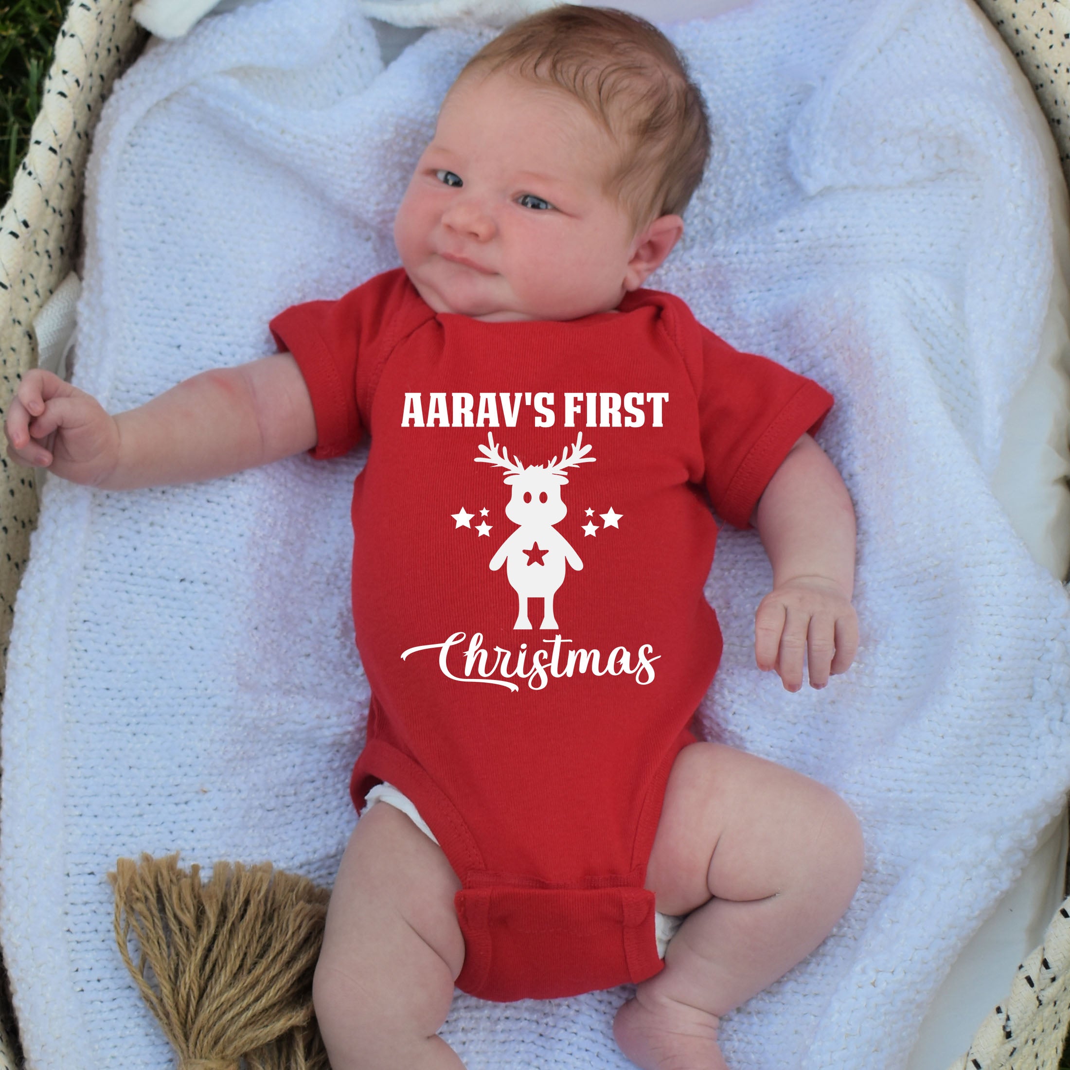 Customised First Christmas Reindeer Red Onesie / Full Romper