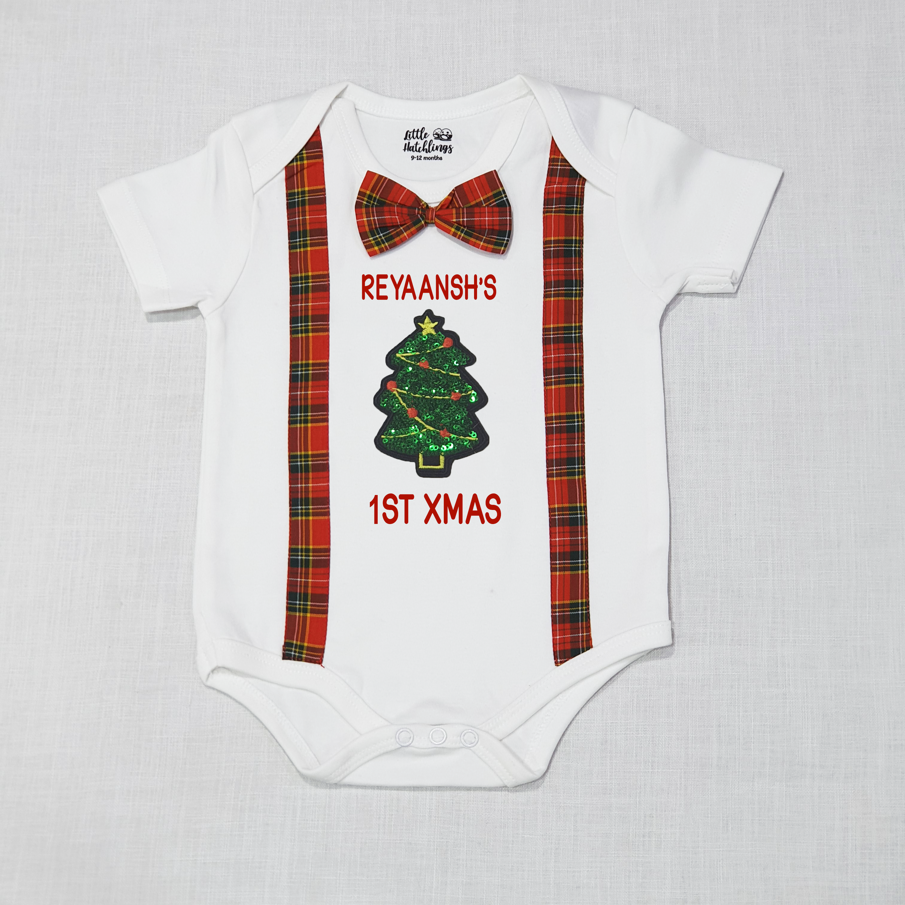 Christmas White Onesie with Plaid Suspender, Bow and Xmas Tree