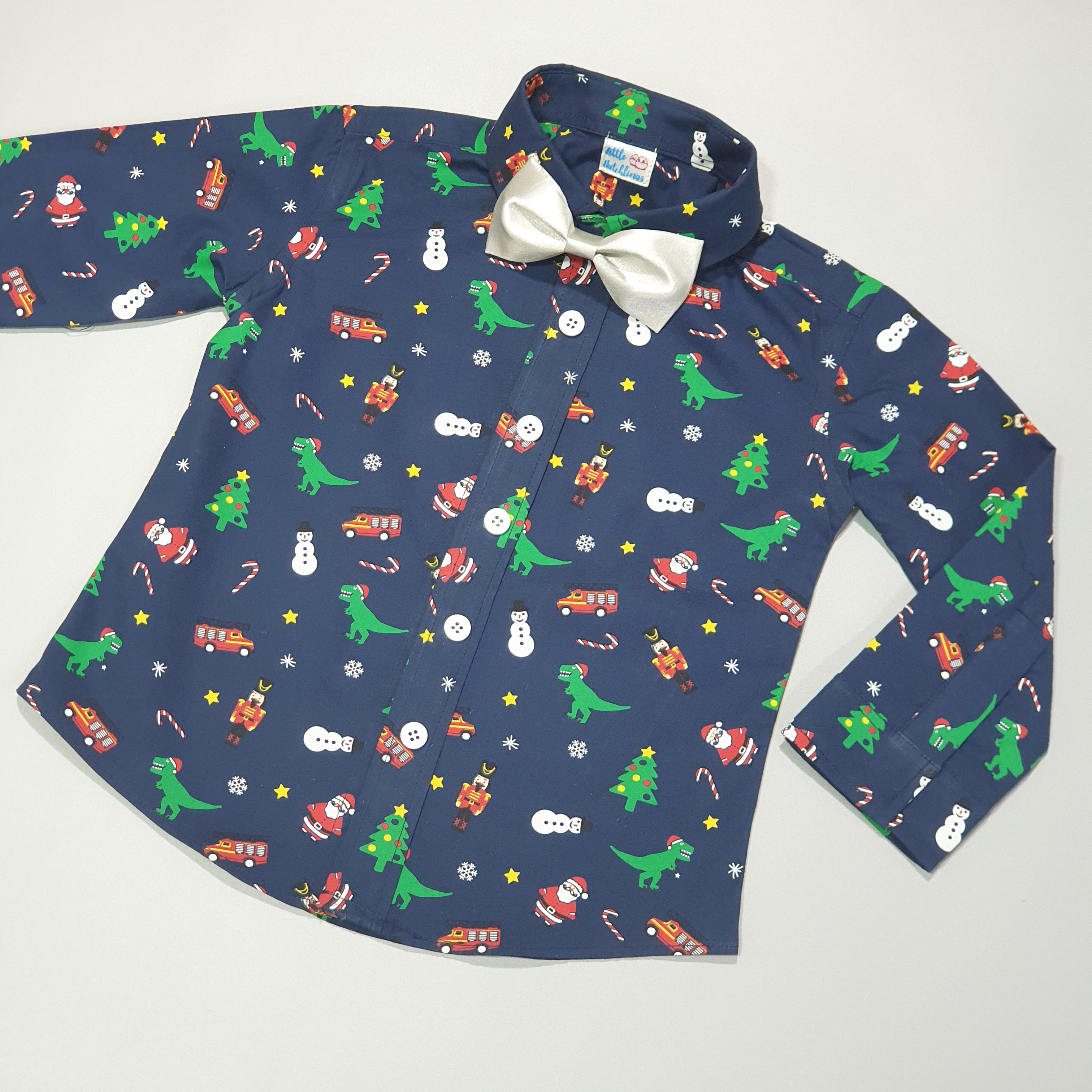 Christmas Blue Shirt with Bow Tie (Dino-Tree)