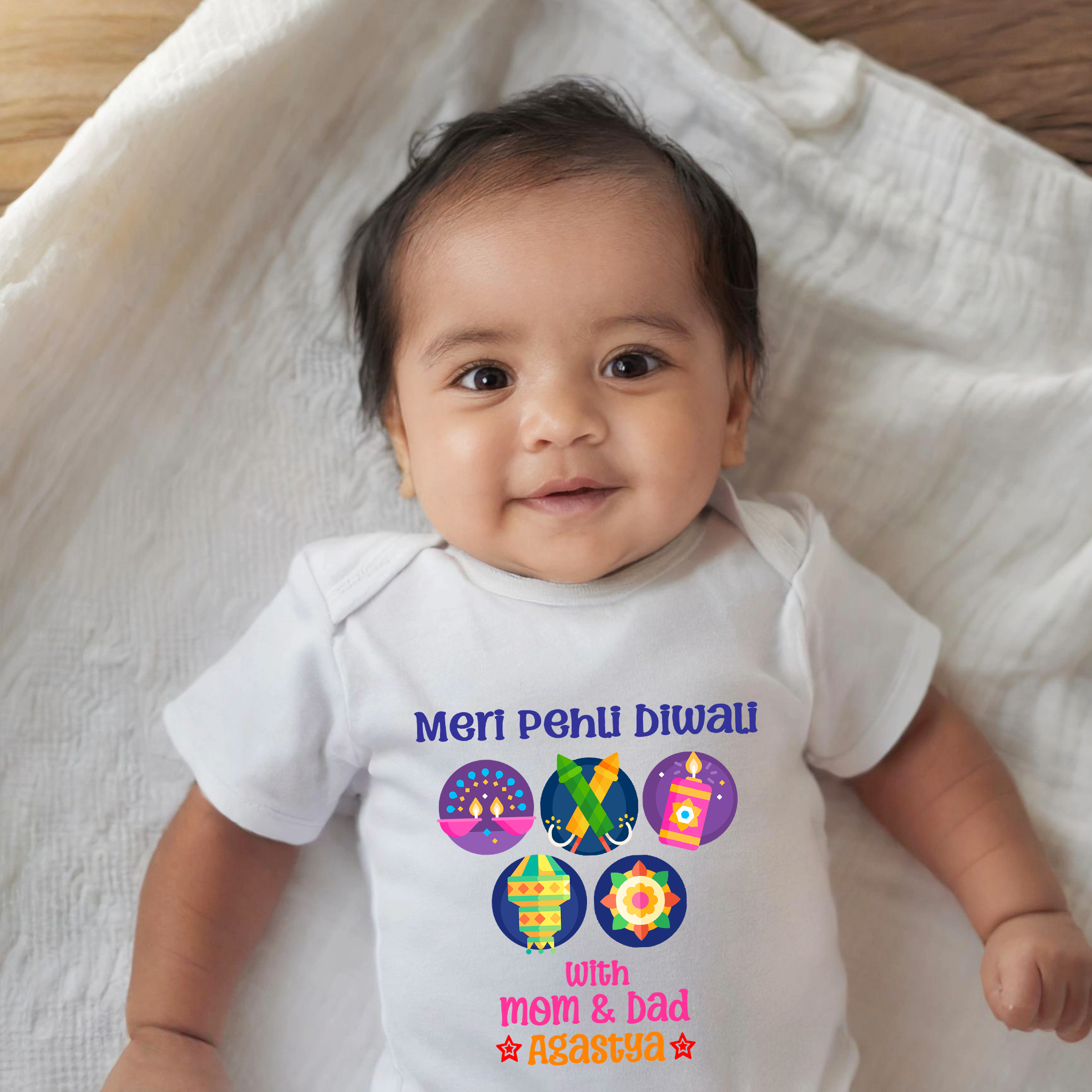 Meri Pehli Diwali With Icons White Onesie /Full Romper/ Tshirt