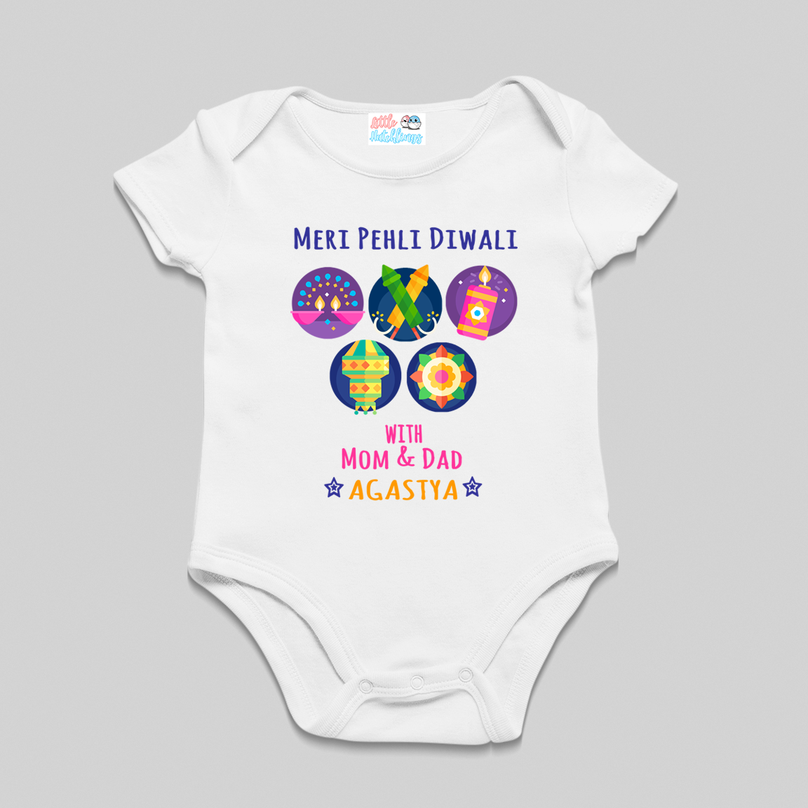 Meri Pehli Diwali With Icons White Onesie /Full Romper/ Tshirt