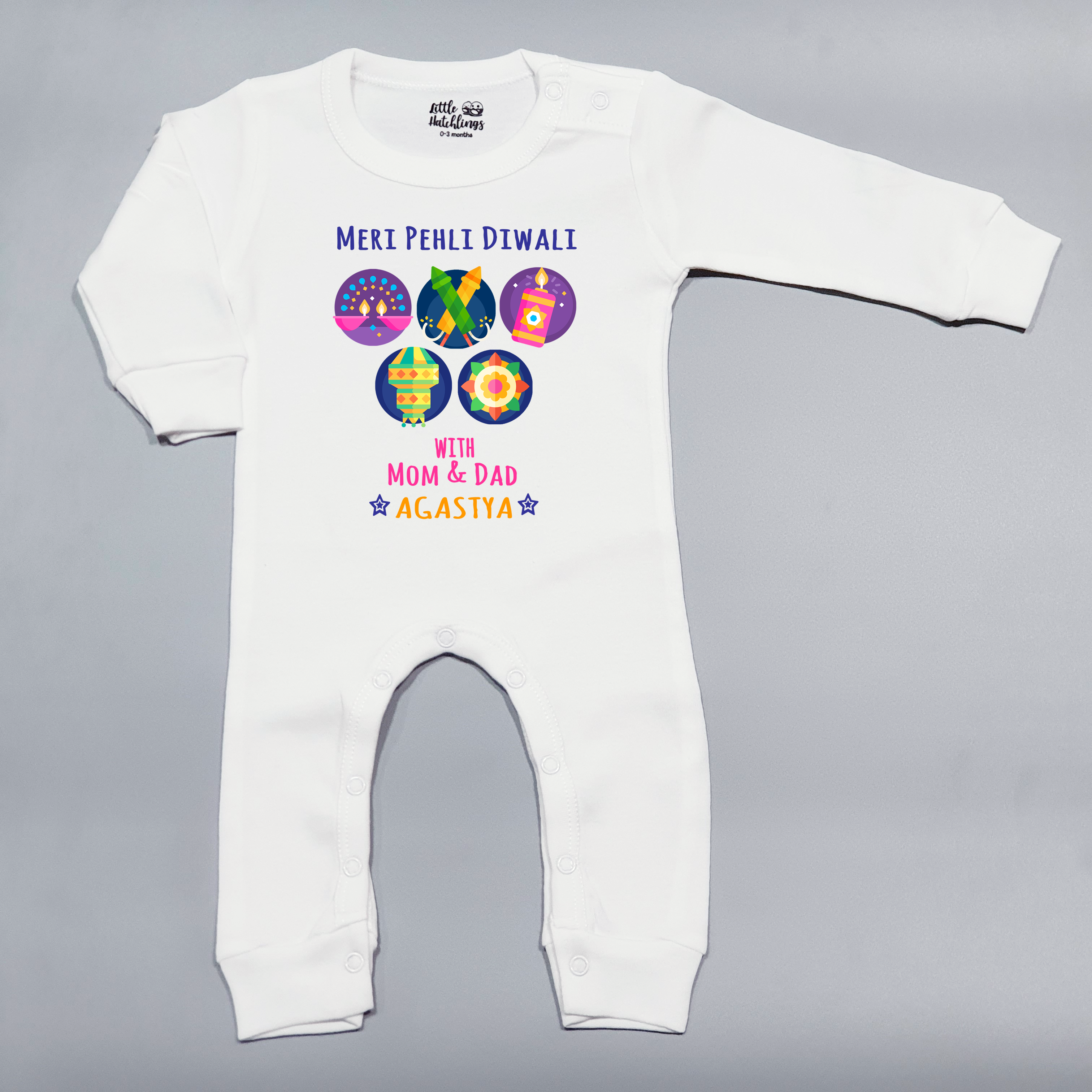 Meri Pehli Diwali With Icons White Onesie /Full Romper/ Tshirt