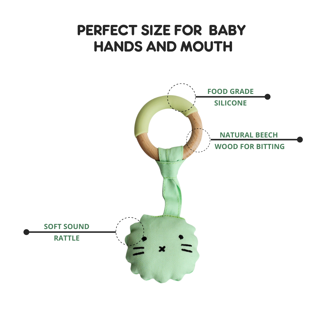 Wood Plush Rattle Teether Toy - Green