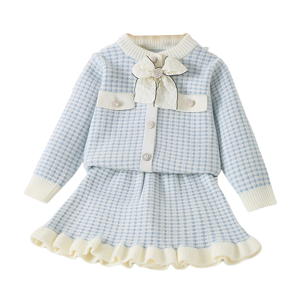 Little Surprise Box, Blue & Cream Big Bow , 2 pc Top & Skirt Set For Toddlers And Kids-2-3Y