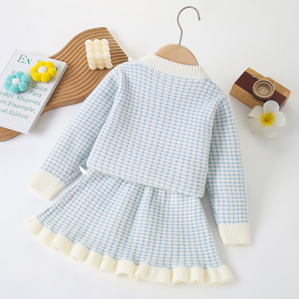 Little Surprise Box, Blue & Cream Big Bow , 2 pc Top & Skirt Set For Toddlers And Kids-2-3Y