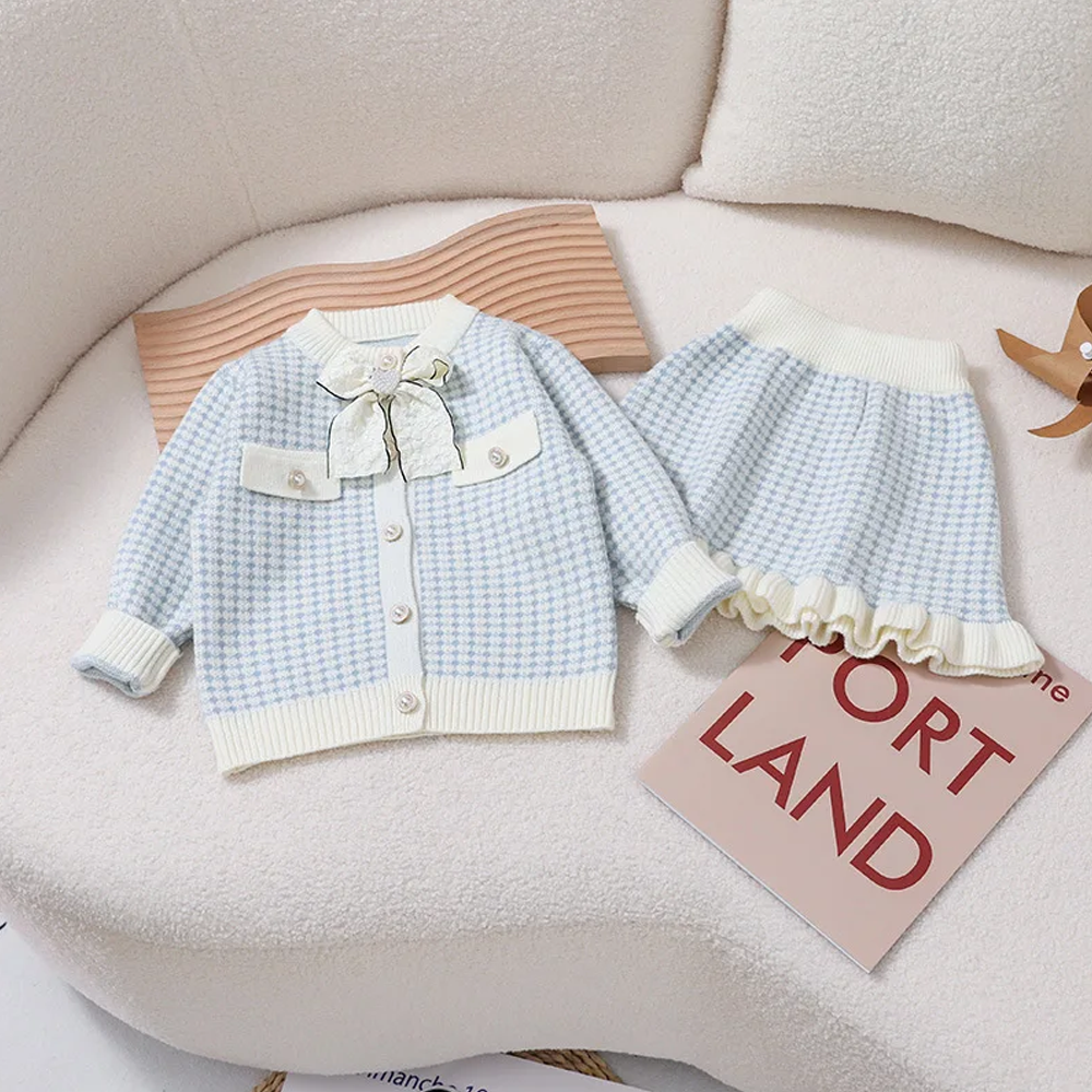 Little Surprise Box, Blue & Cream Big Bow , 2 pc Top & Skirt Set For Toddlers And Kids-2-3Y