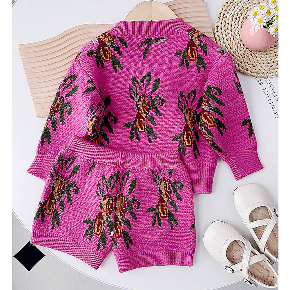 Little Surprise Box 2pcs Magenta Flower Bunch Knitted Cardigan And Shorts Winterwear Set For Girls