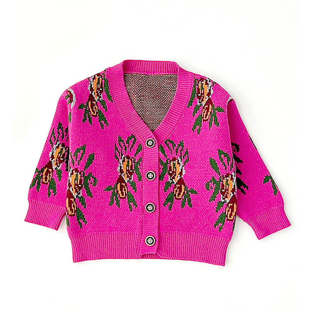 Little Surprise Box 2pcs Magenta Flower Bunch Knitted Cardigan And Shorts Winterwear Set For Girls
