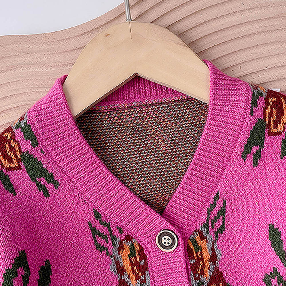 Little Surprise Box 2pcs Magenta Flower Bunch Knitted Cardigan And Shorts Winterwear Set For Girls