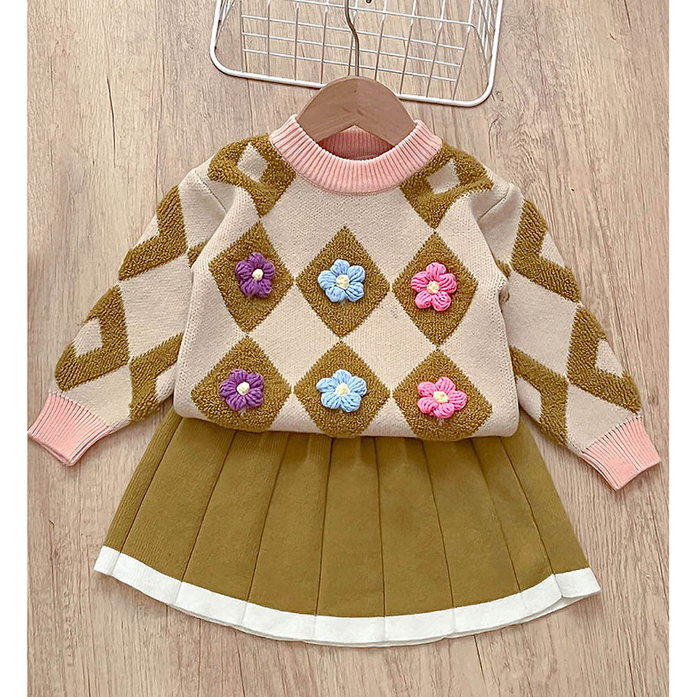 Little Surprise Box 2pcs Occur Diamond Floral Cardigan And Skirt Winter Wear Set For Girls