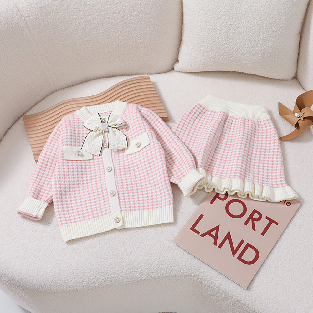 Little Surprise Box, Pink & Cream Big Bow , 2 pc Top & Skirt Set For Toddlers And Kids