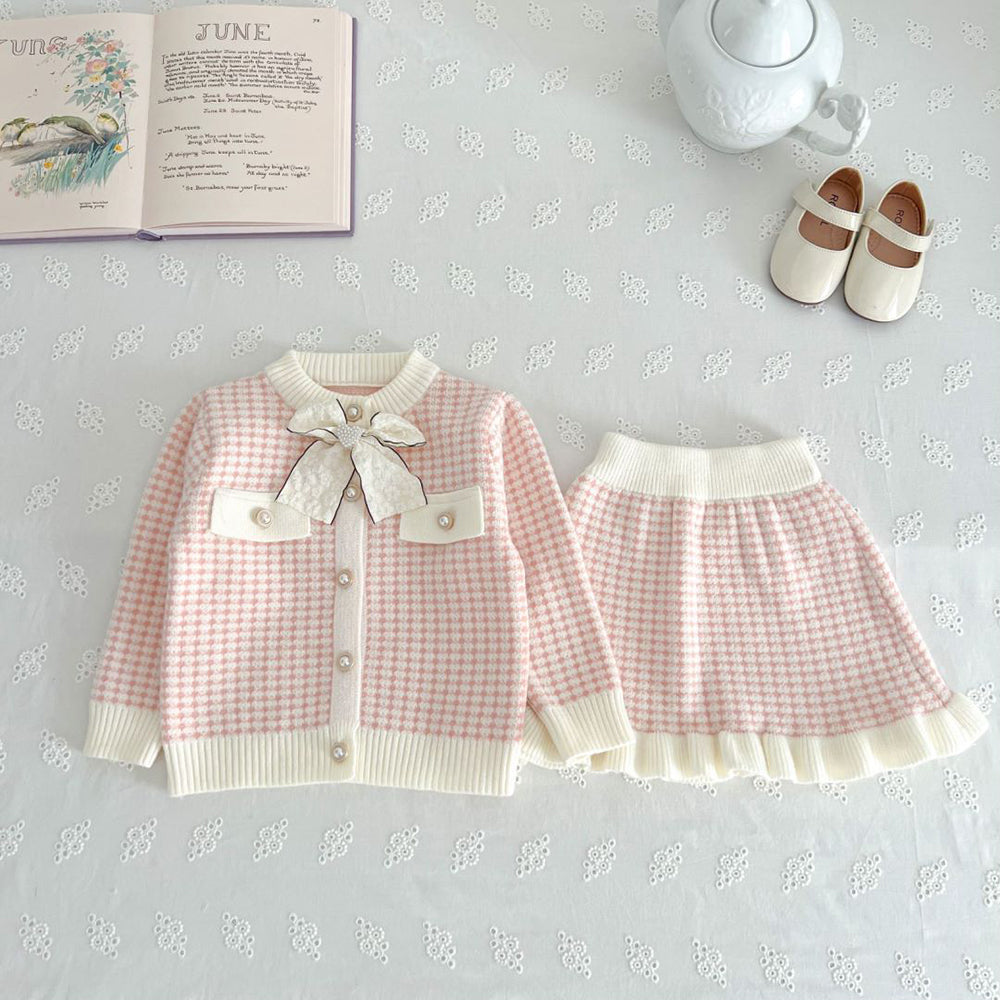 Little Surprise Box, Pink & Cream Big Bow , 2 pc Top & Skirt Set For Toddlers And Kids