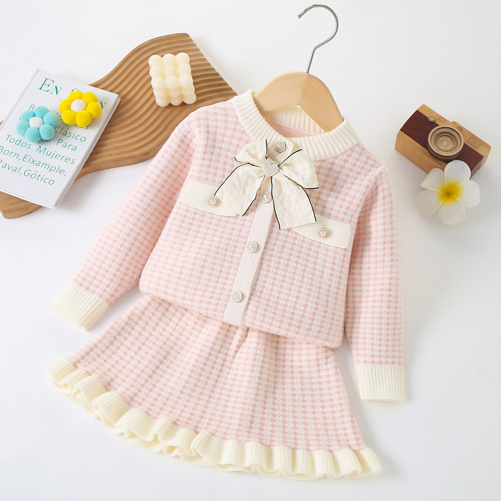 Little Surprise Box, Pink & Cream Big Bow , 2 pc Top & Skirt Set For Toddlers And Kids