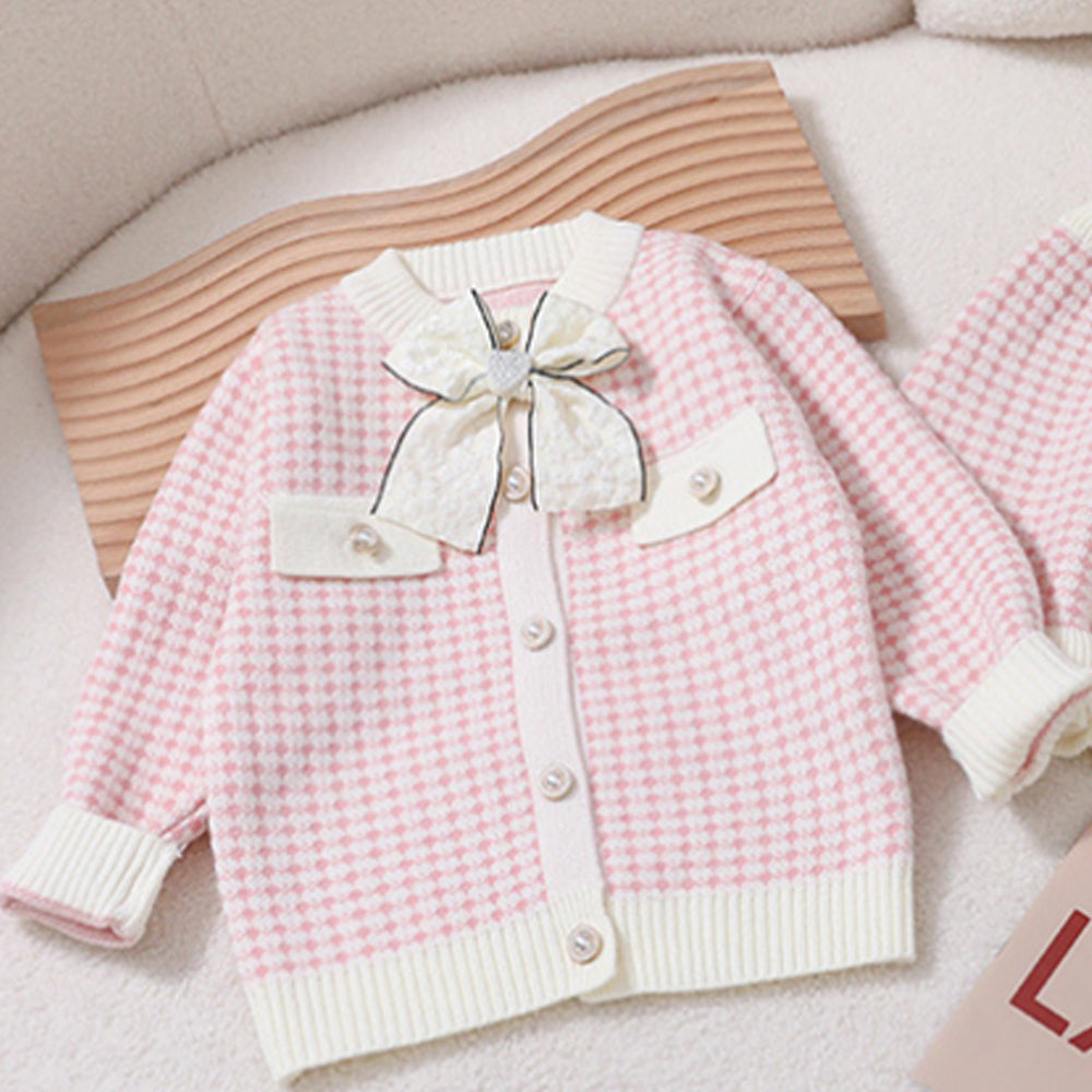 Little Surprise Box, Pink & Cream Big Bow , 2 pc Top & Skirt Set For Toddlers And Kids