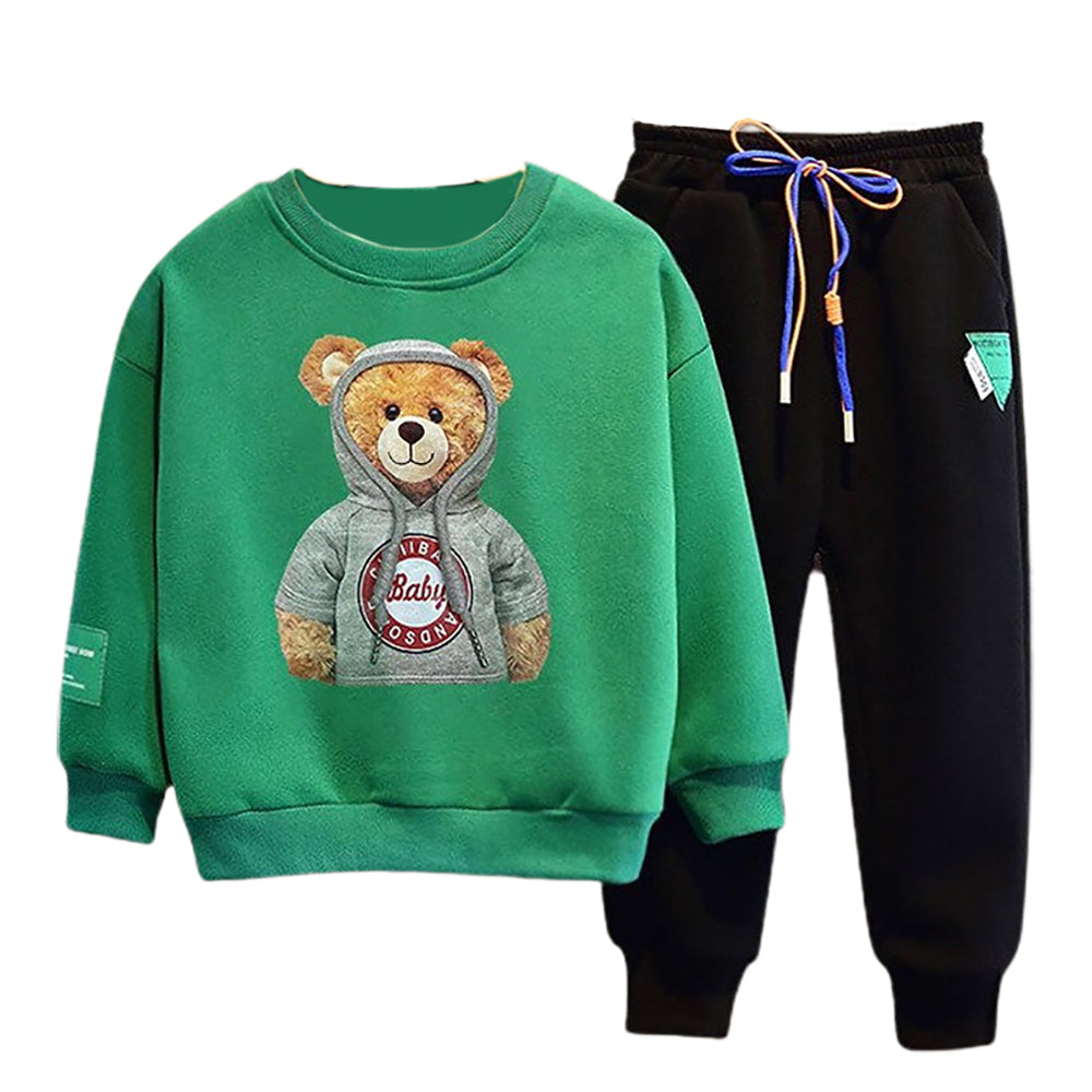 little Surprise Box Green & Black Hoodie up Teddy 2 piece Track Suit set for Toddlers & Kids