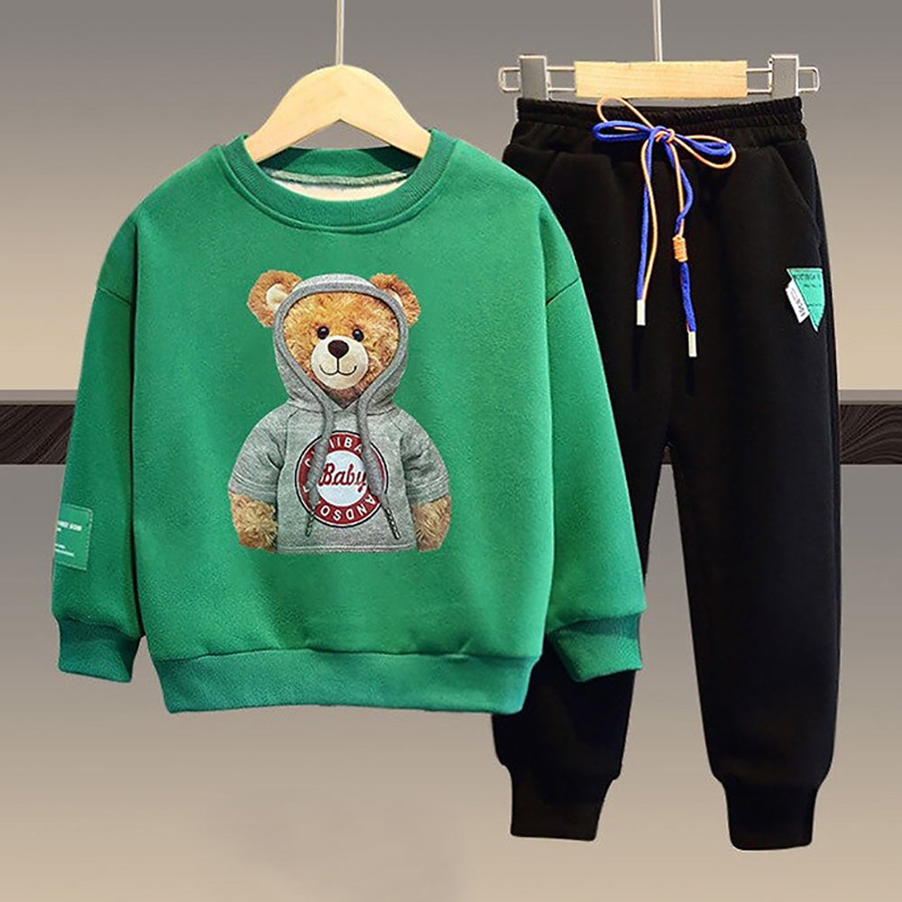 little Surprise Box Green & Black Hoodie up Teddy 2 piece Track Suit set for Toddlers & Kids