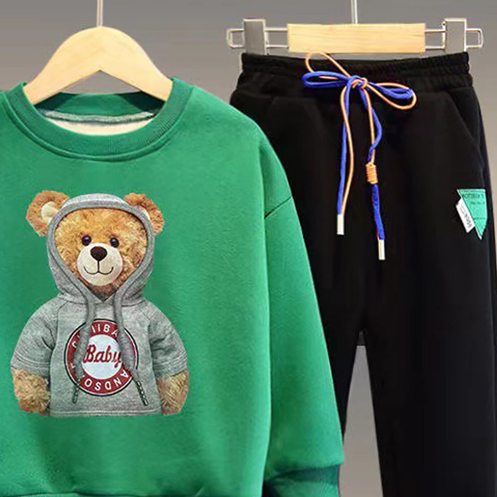 little Surprise Box Green & Black Hoodie up Teddy 2 piece Track Suit set for Toddlers & Kids