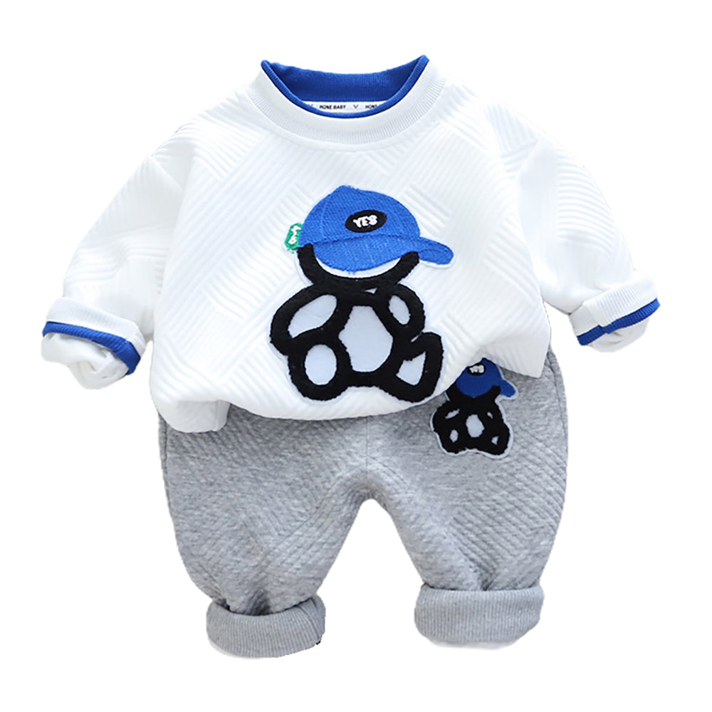 little Surprise Box White & Grey Rock on Teddy 2 piece Track Suit set for Toddlers & Kids