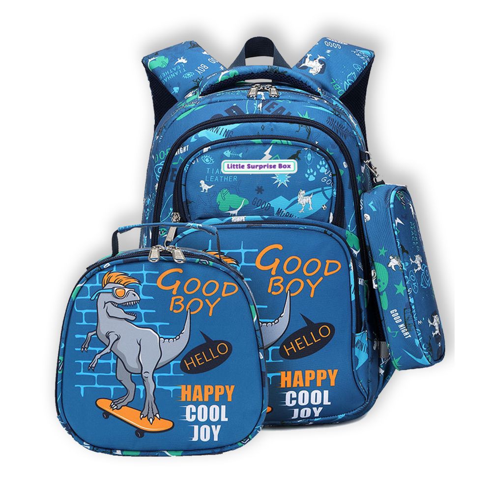 3pcs Blue Skating Dino Matching Backpack, Lunch Bag and Stationery Pouch,5yrs - 9yrs