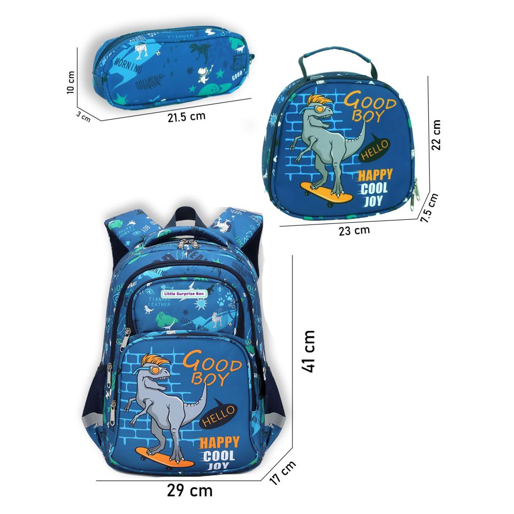 3pcs Blue Skating Dino Matching Backpack, Lunch Bag and Stationery Pouch,5yrs - 9yrs