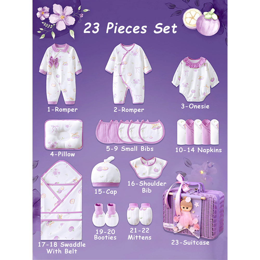 Little Surprise Box, 23 pcs Fairy Bow Newborn Baby Girl Gift Box set, All Season Wear Hamper with luxury designed Storage Cane Basket (0-12 months)