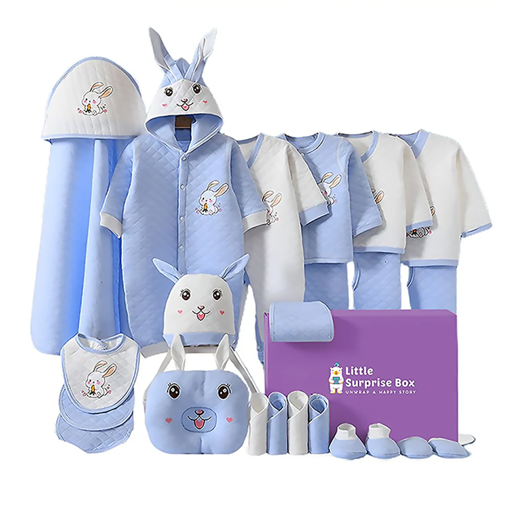Little Surprise Box 24 Pcs Winter Wear White Blue Dual Bunny Newborn Baby Girl/ Boy Gift Hamper Box
