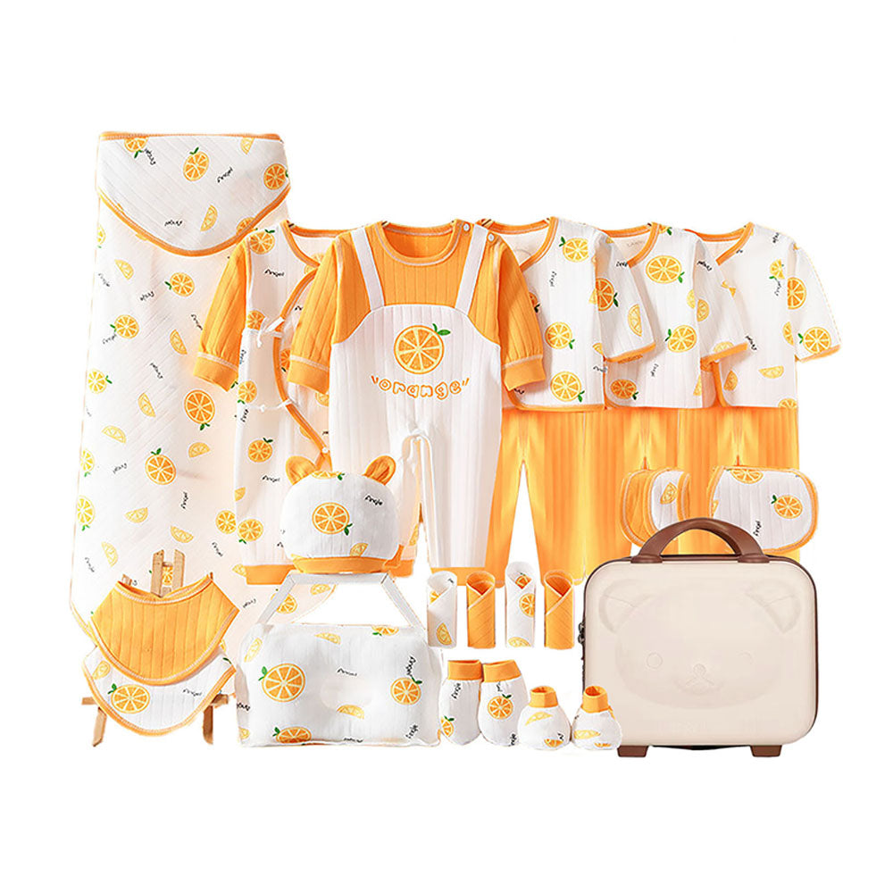 Little Surprise Box 27 Pcs Orangy Kick Newborn Baby Girl/ Boy All Season Wear Gift Hamper With Suitcase