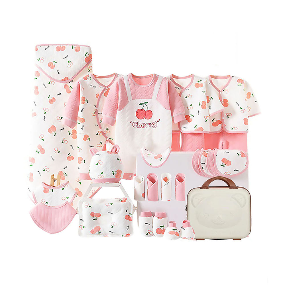 Little Surprise Box 27 Pcs Pink Cherry Newborn Baby Girl/ Boy All Season Wear Gift Hamper With Suitcase