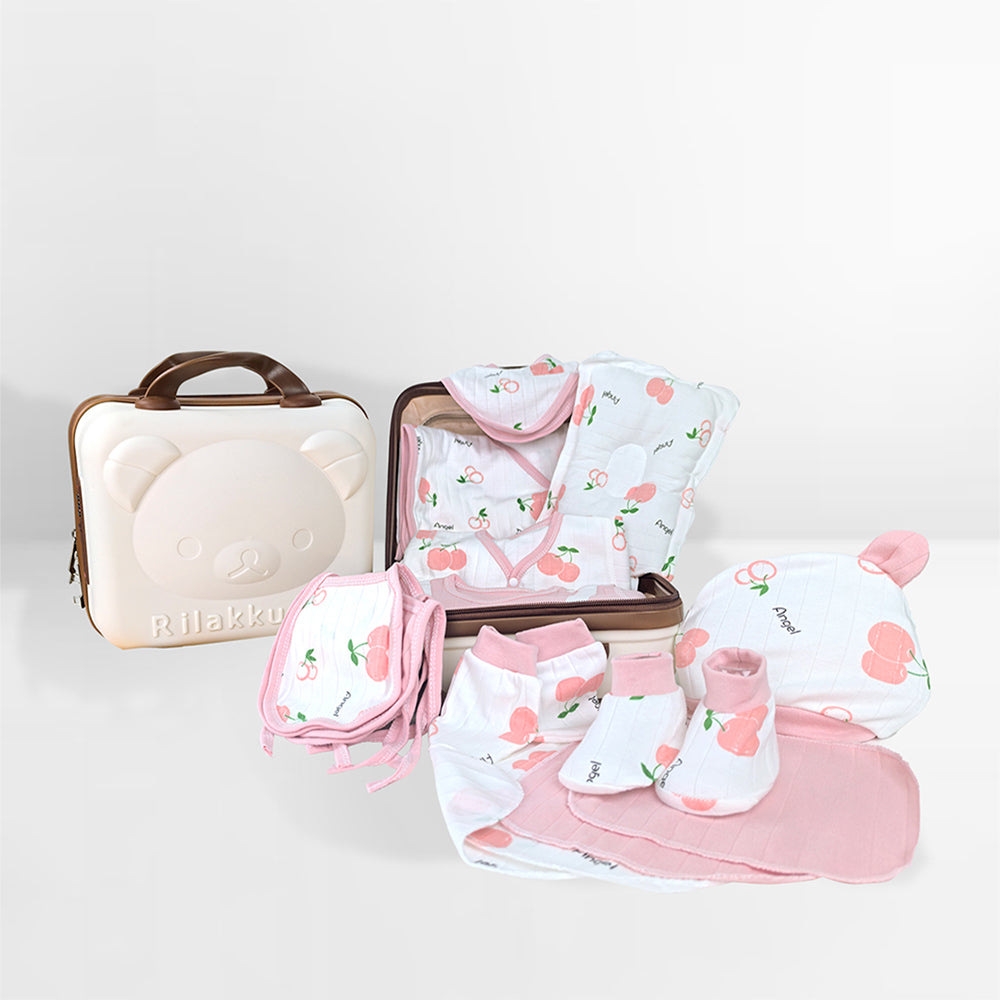 Little Surprise Box 27 Pcs Pink Cherry Newborn Baby Girl/ Boy All Season Wear Gift Hamper With Suitcase