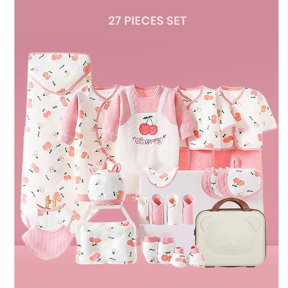 Little Surprise Box 27 Pcs Pink Cherry Newborn Baby Girl/ Boy All Season Wear Gift Hamper With Suitcase