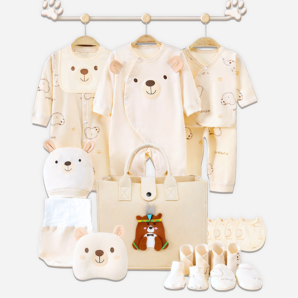 Little Surprise Box, 21pcs Woodland Bear Totebag Hamper for Newborn Baby Boy / Baby Girl, Giftset for Baby , All Season wear, 0-12 months