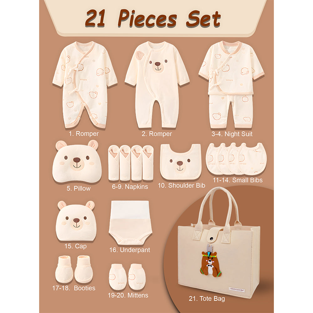 Little Surprise Box, 21pcs Woodland Bear Totebag Hamper for Newborn Baby Boy / Baby Girl, Giftset for Baby , All Season wear, 0-12 months